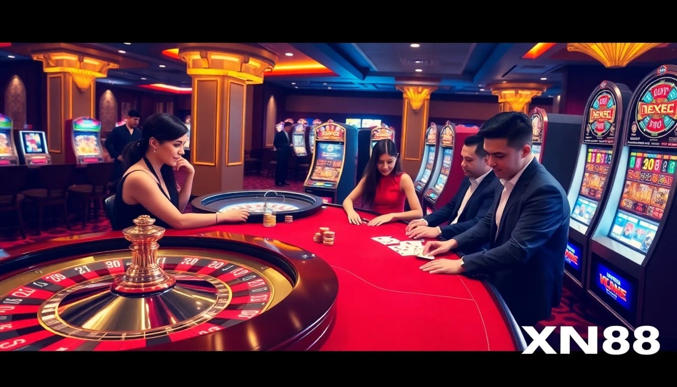 Players enjoying thrilling games at XN88's luxurious casino environment.