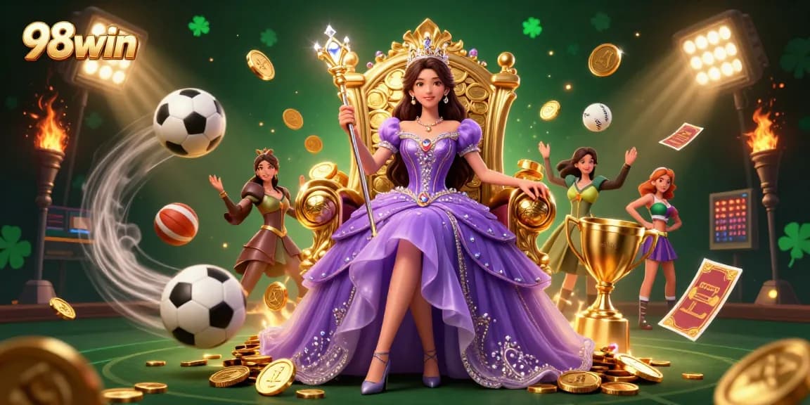 Experience the excitement of 98win with thrilling sports betting and casino elements in an elaborate 3D illustration.