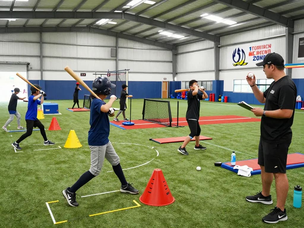 Hitclub baseball training scene with young athletes practicing hitting, coaches guiding, and colorful training equipment.