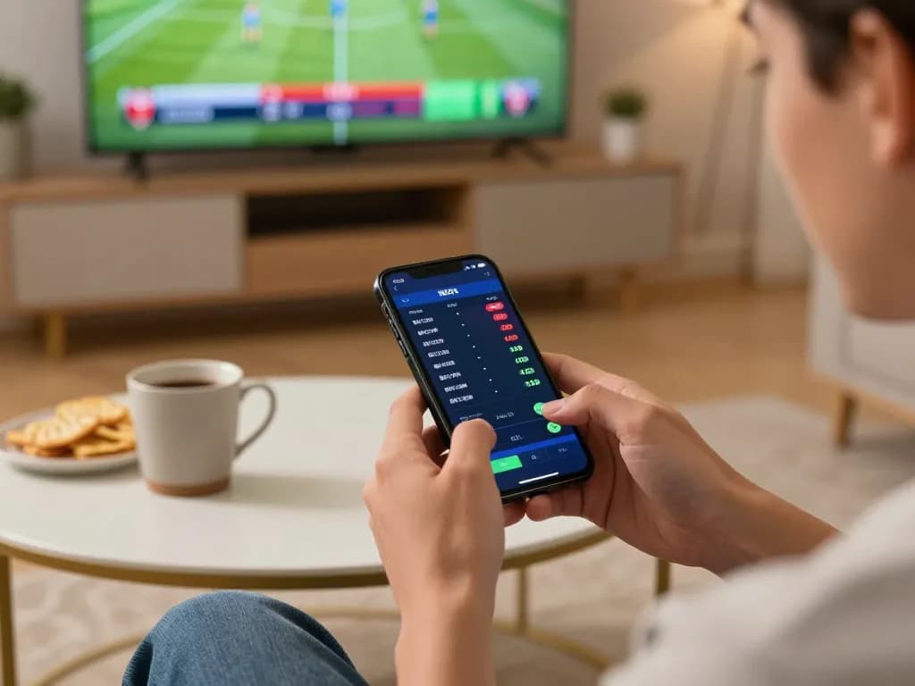 Engaged player using Bsport mobile app for sports betting in a cozy home setting.