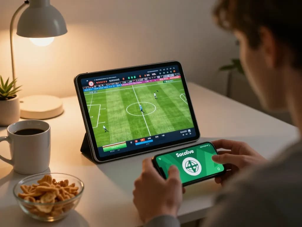 Socolive live football betting action at home, showcasing a dynamic user interface and vibrant match statistics on tablet.