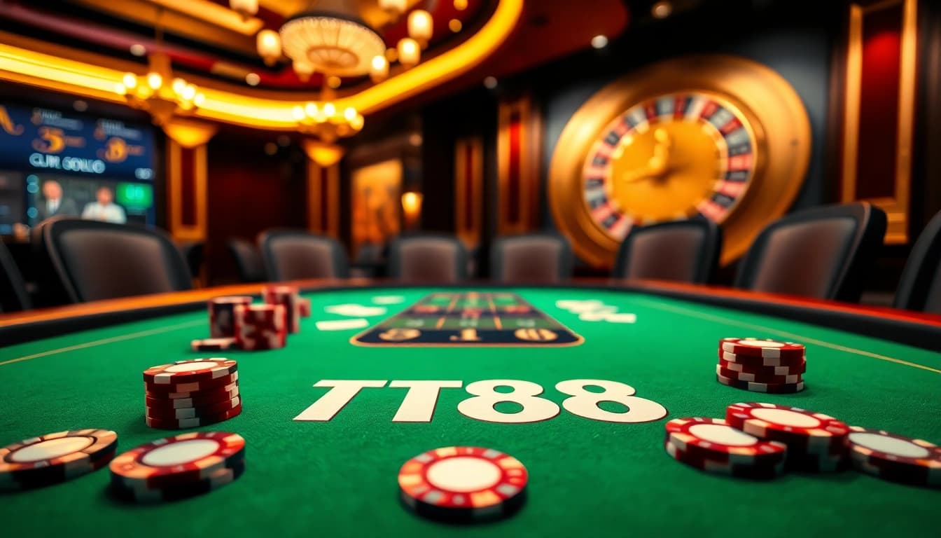 Experience the excitement of TT88 at a luxurious casino table with vibrant chips and cards.