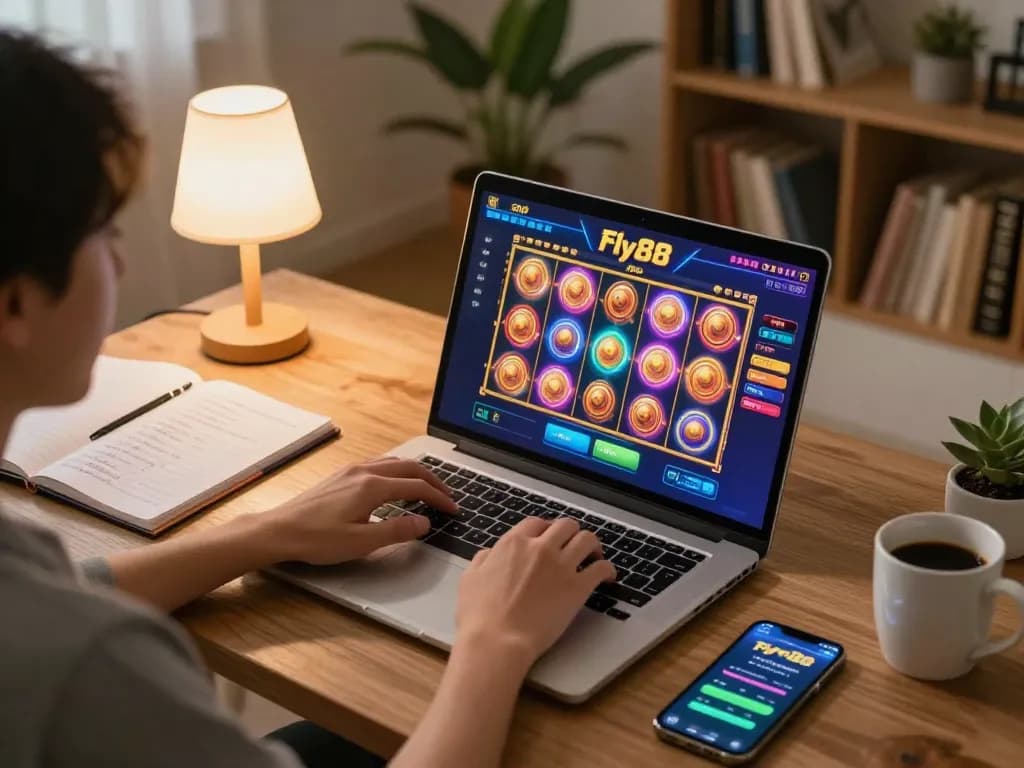 Person enjoying Fly88 nhà cái casino games at home, showcasing vibrant online gaming experience.