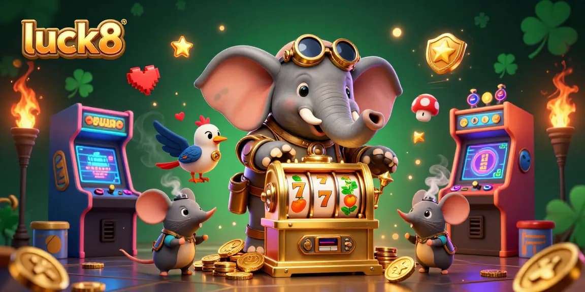 Engage with luck8 in a vibrant 3D casino world featuring a steampunk elephant operating a slot machine.