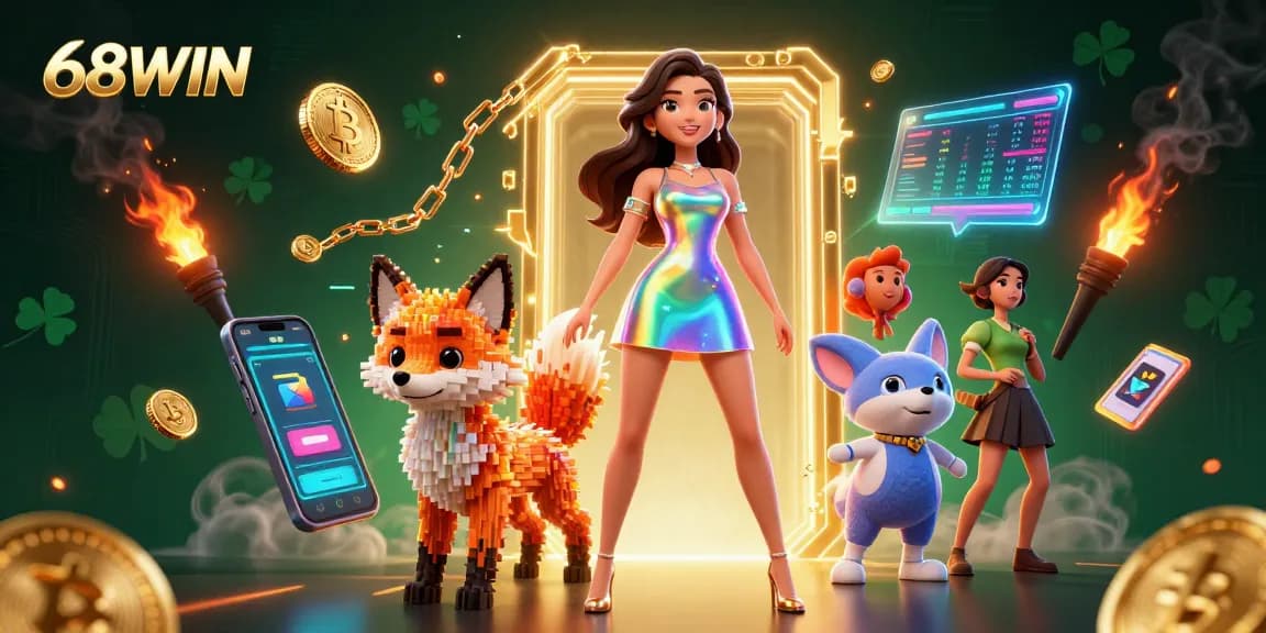 Engage with 68WIN in a captivating casino scene featuring vibrant characters and crypto elements.