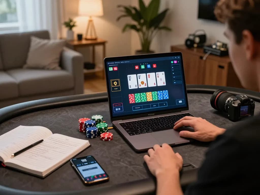 LV88 player enjoying online poker on a stylish laptop in a cozy home environment