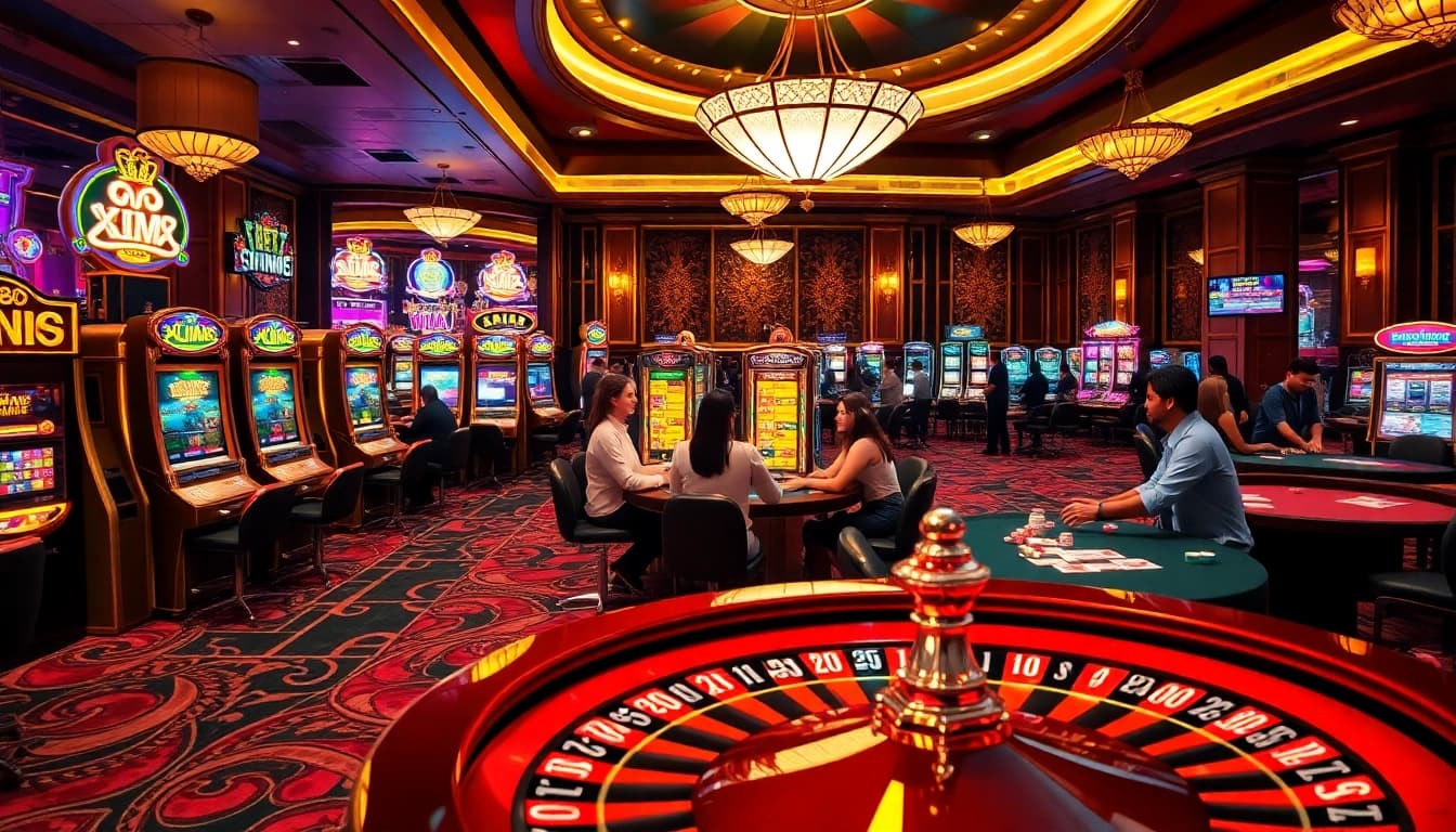 An engaging casino scene showcasing players enjoying NK88 with vibrant slot machines and poker tables.