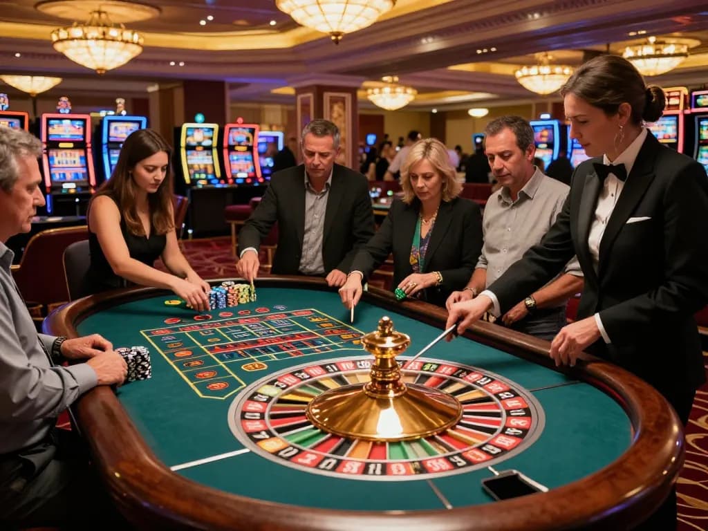 Excited players engaging at a roulette table inspired by the thrilling experience of fb88.com online gambling