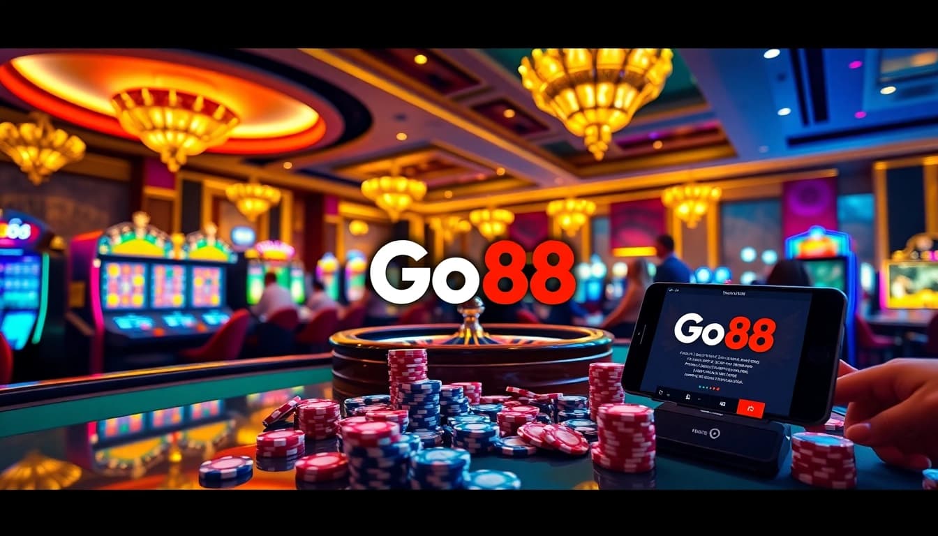 Go88 logo featured prominently in a luxurious online casino scene with vibrant gaming elements.
