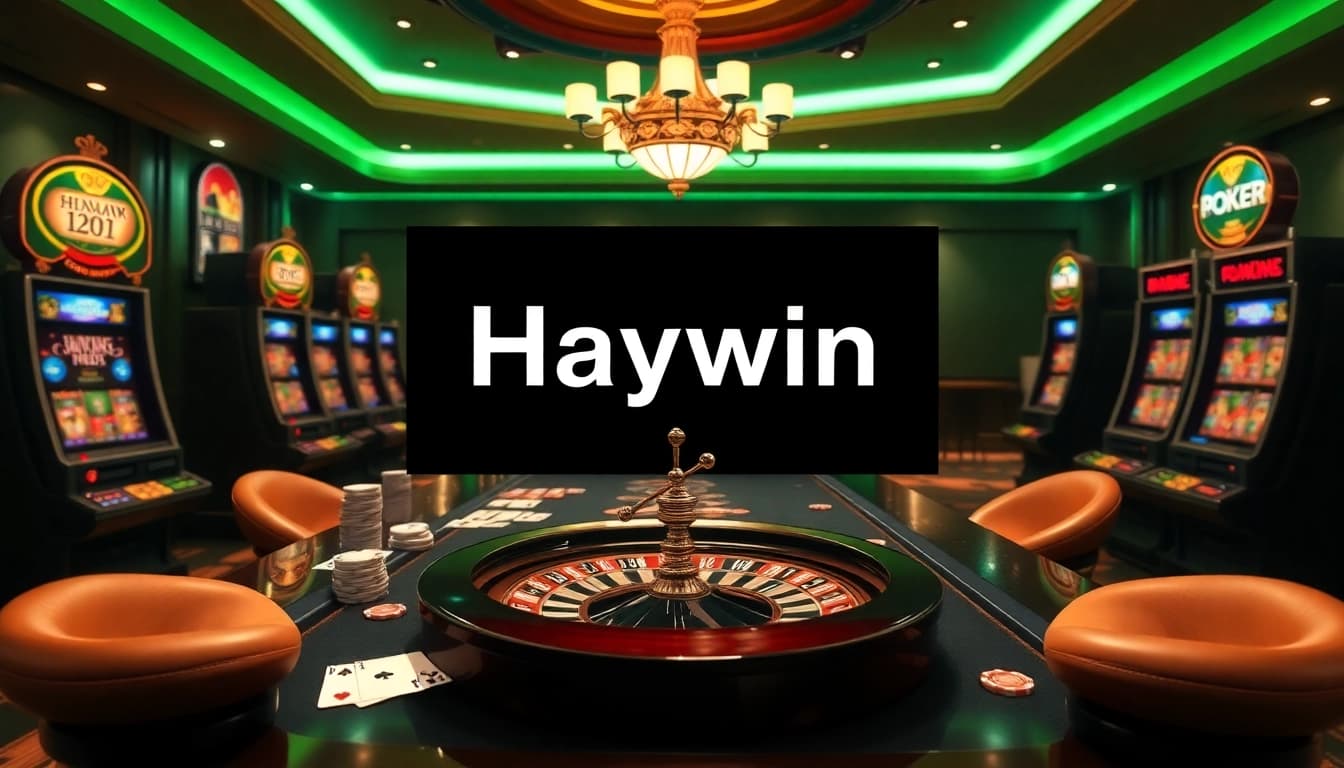 Engage with exciting online gambling at Haywin, featuring vibrant casino tables, poker chips, and slot machines.