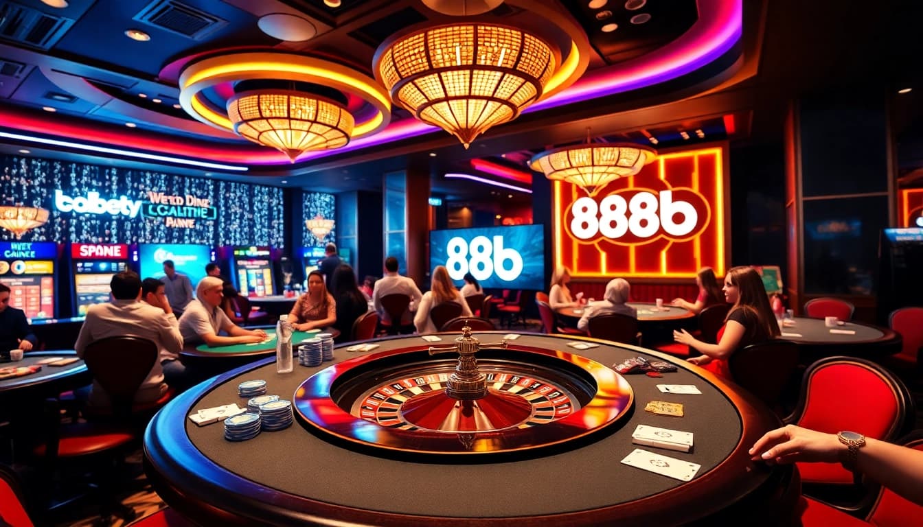 Players enjoying an exciting casino experience with 888b branding prominently displayed.