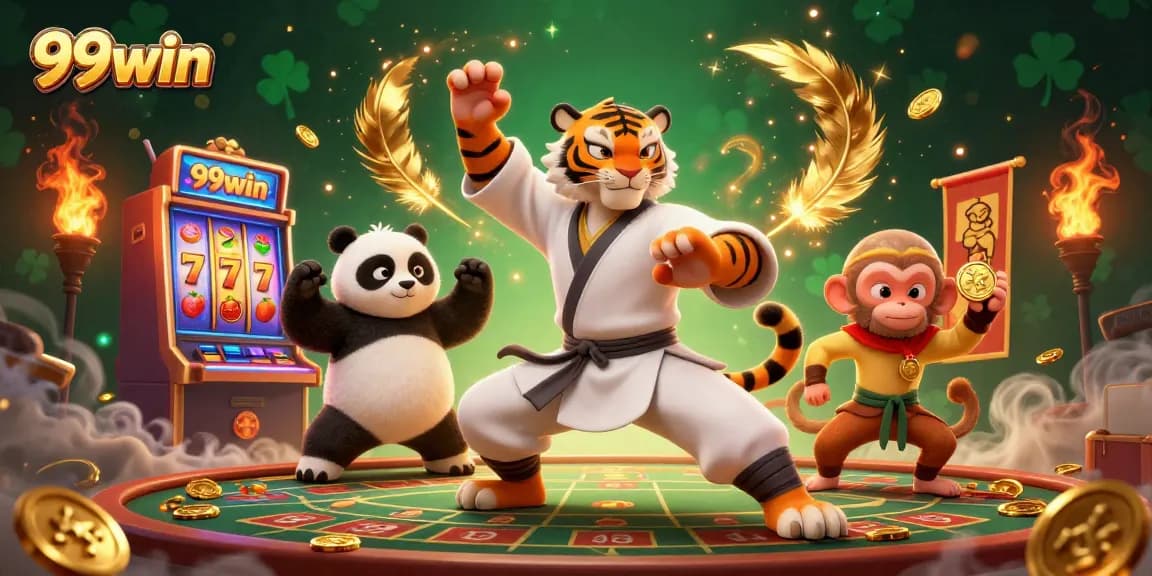 Engage with 99win's exciting slot machine action featuring a lively kung fu scene.
