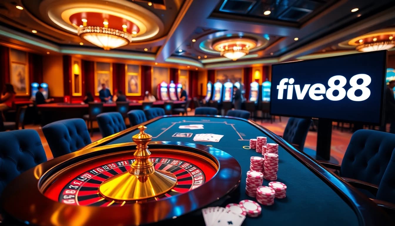 Feel the excitement at five88 as players enjoy roulette at a luxurious casino table with vibrant chips.