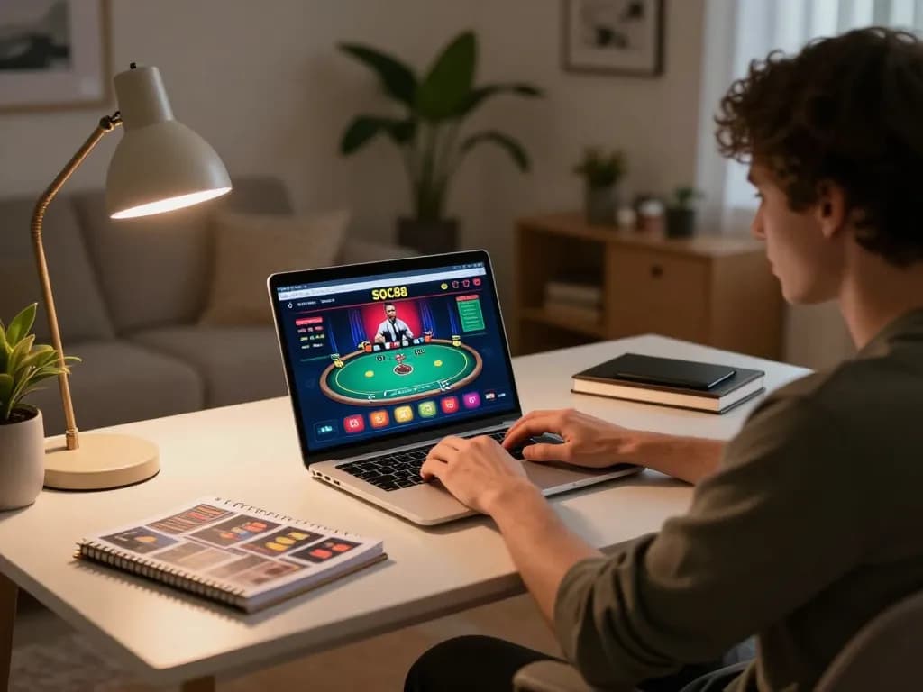 SOC88 online casino gaming session in a cozy home environment with a laptop and strategy notes