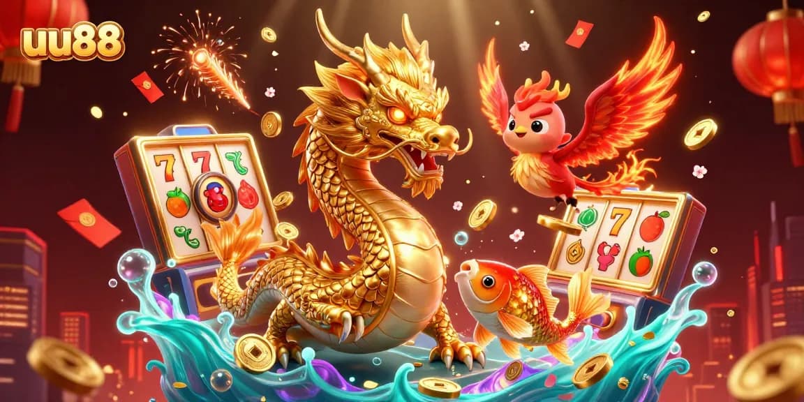 Win big at uu88 with stunning 3D illustration of a powerful dragon, phoenix, and koi fish.