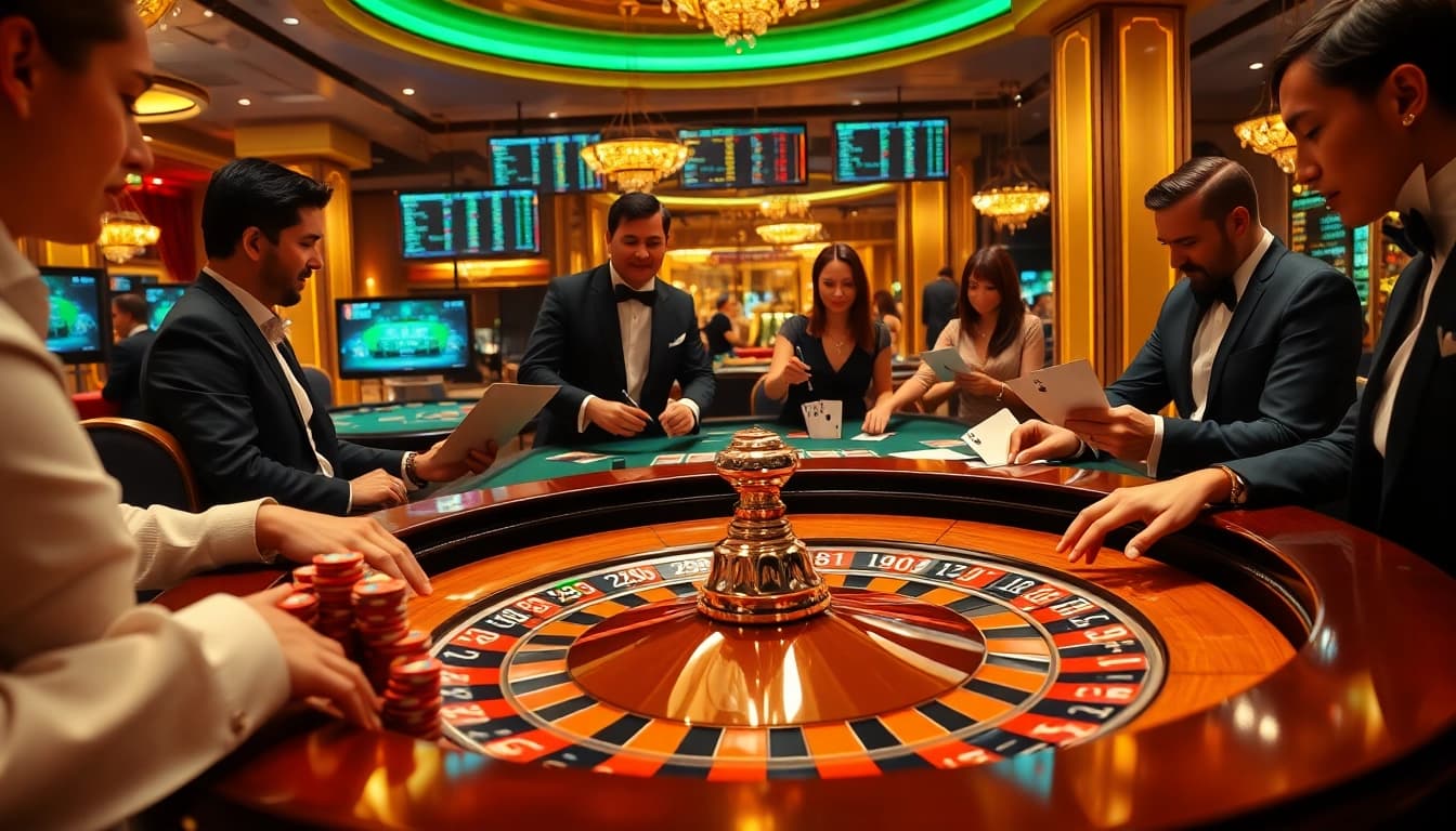 Players enjoying a thrilling game at rr88's luxurious casino, showcasing a roulette table and vibrant atmosphere.