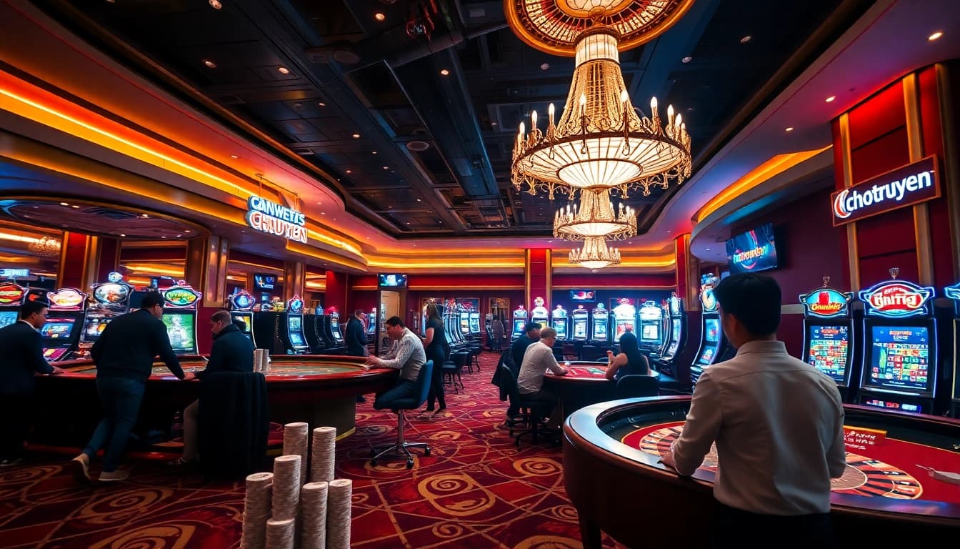 Chotruyen gamers strategizing at a bustling casino table, surrounded by vibrant slot machines.