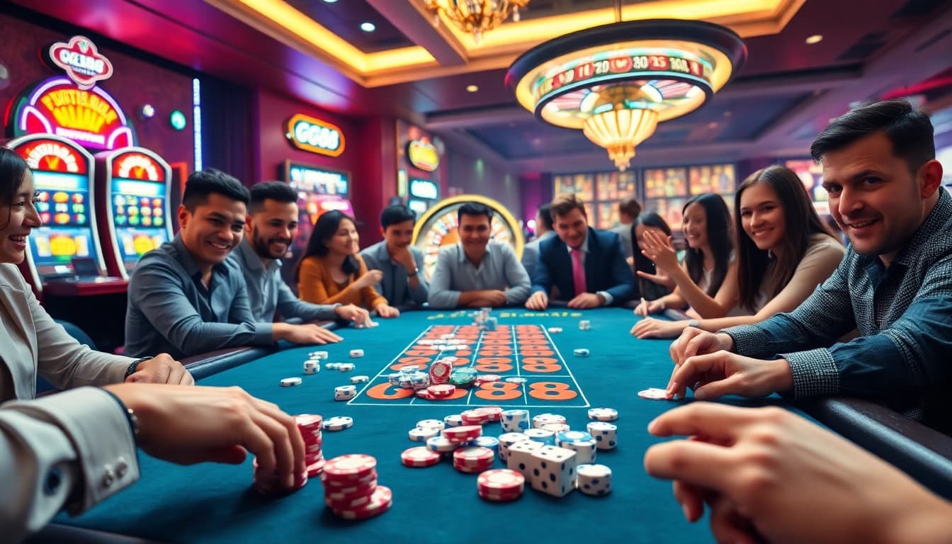Engaged players at GG88's vibrant gaming table, surrounded by slot machines and roulette.