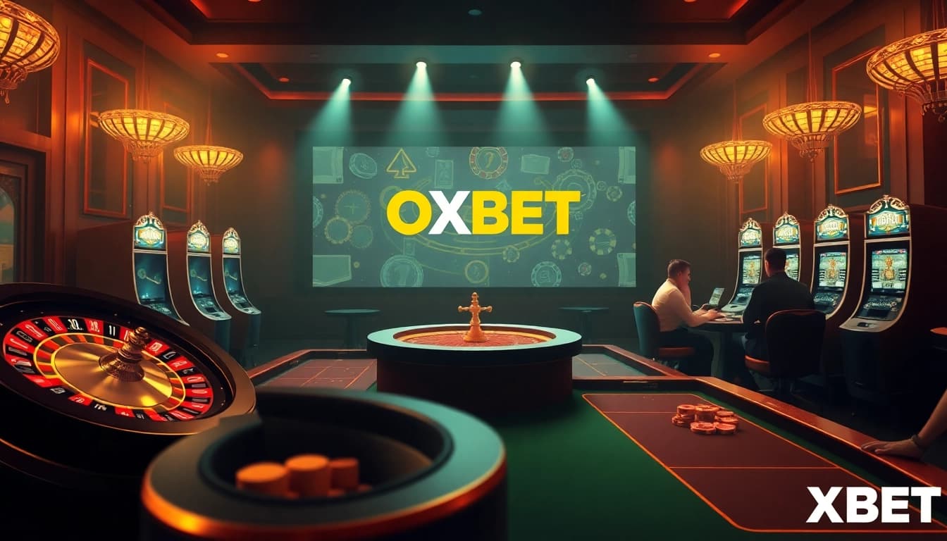 Experience the thrill of OXBET's online casino with vibrant gaming visuals featuring roulette and poker.