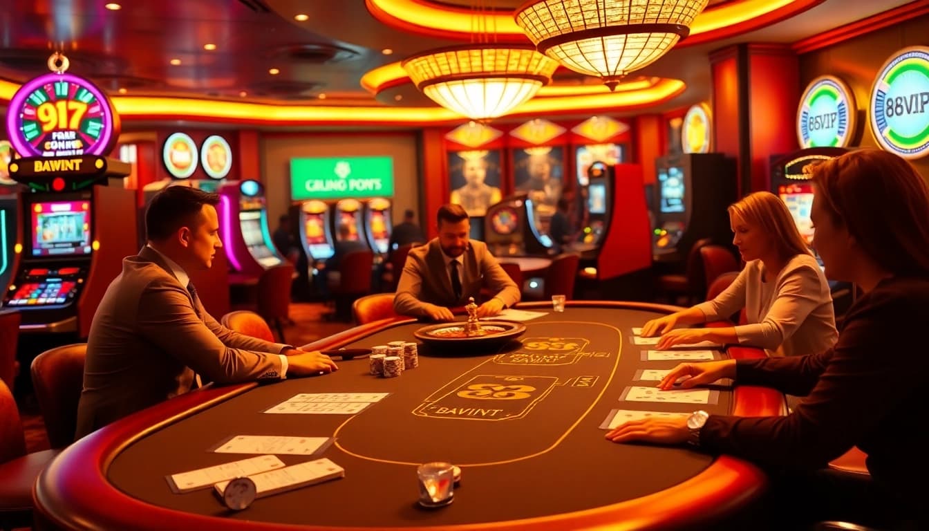 Engaging poker players at a vibrant 68VIP casino table surrounded by slot machines and excitement.