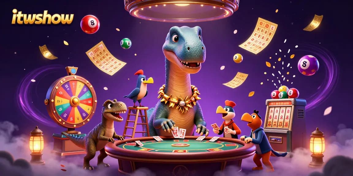 Engage with the vibrant itwshow 3D casino scene featuring a playful brontosaurus and raptor dealer amidst lottery excitement.
