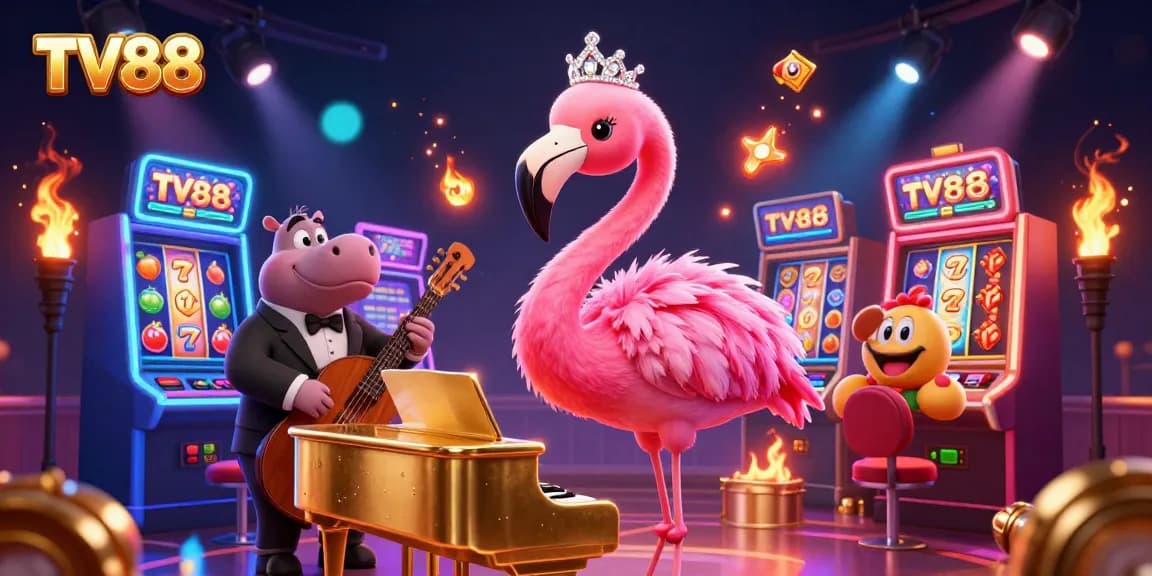 Spin the reels at TV88 with vibrant 3D cartoon characters amidst a glamorous casino setting.