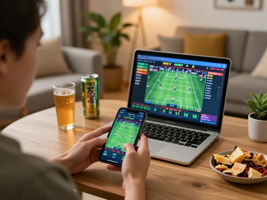 Betting live on ee88 with smartphone in a cozy home environment.