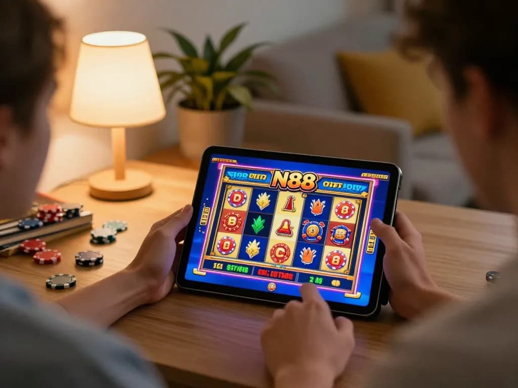 Engaged player enjoying N88 gaming on tablet with colorful background atmosphere