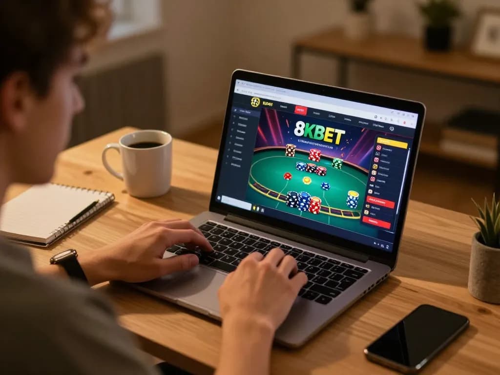 Player engaging with 8xbet online poker game on laptop at home, showcasing responsible gaming atmosphere.