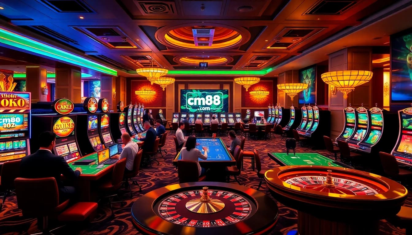 Experience the thrill of winning at cm88.com with vibrant online gambling visuals featuring casino tables and slots.