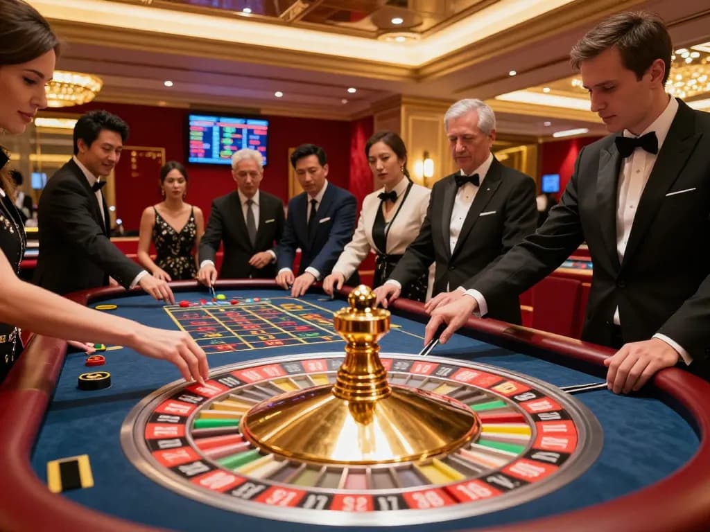 SKY88 players engage in thrilling roulette game with croupier spinning wheel, elegant casino atmosphere.