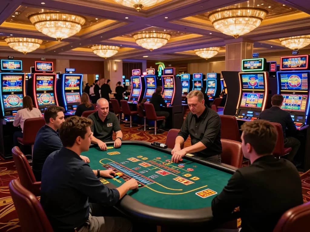 B52 players engaged in thrilling slot machine action at a bustling casino floor.