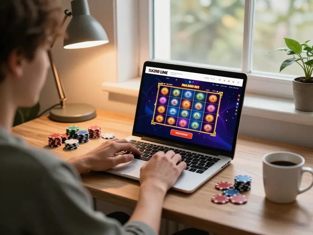 Engaging player accessing the sx88 link for online casino gaming on a laptop in a cozy home environment.