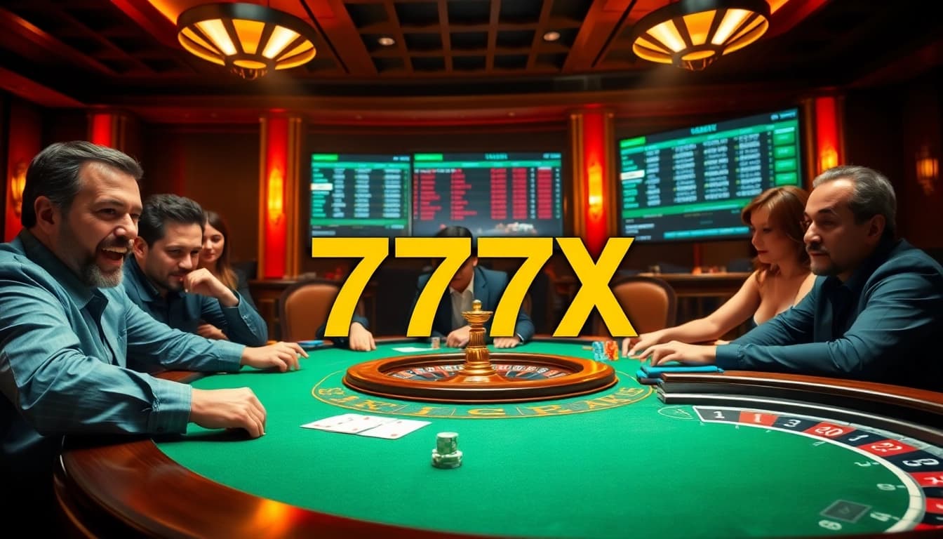 Experience the excitement of the 777X game at a high-stakes poker table in a luxurious casino atmosphere.