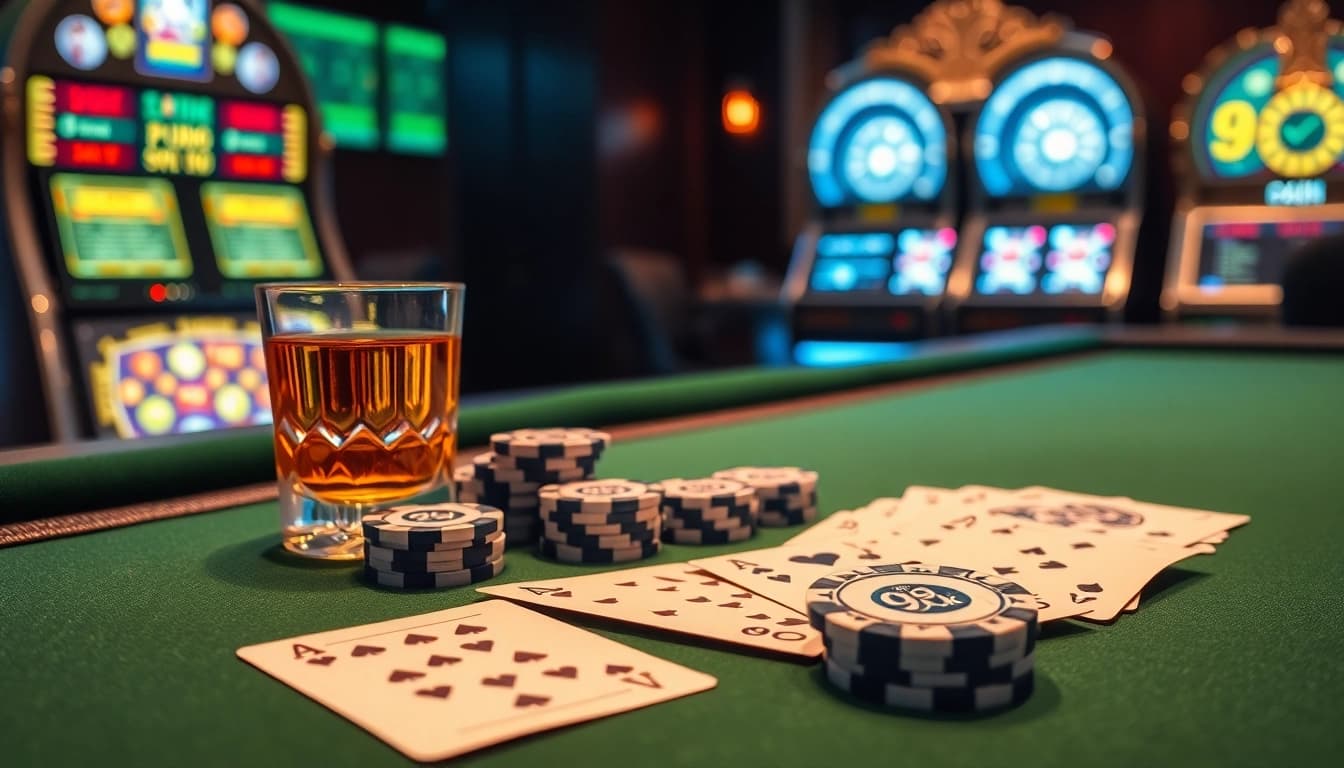 Experience intense poker action at 99 ok with polished cards, chips, and luxurious ambiance.