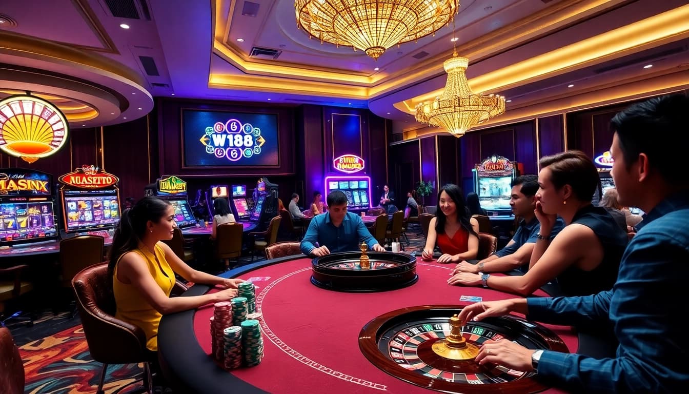 Exciting gambling scene at W188 showcasing players at poker tables with vibrant casino atmosphere.