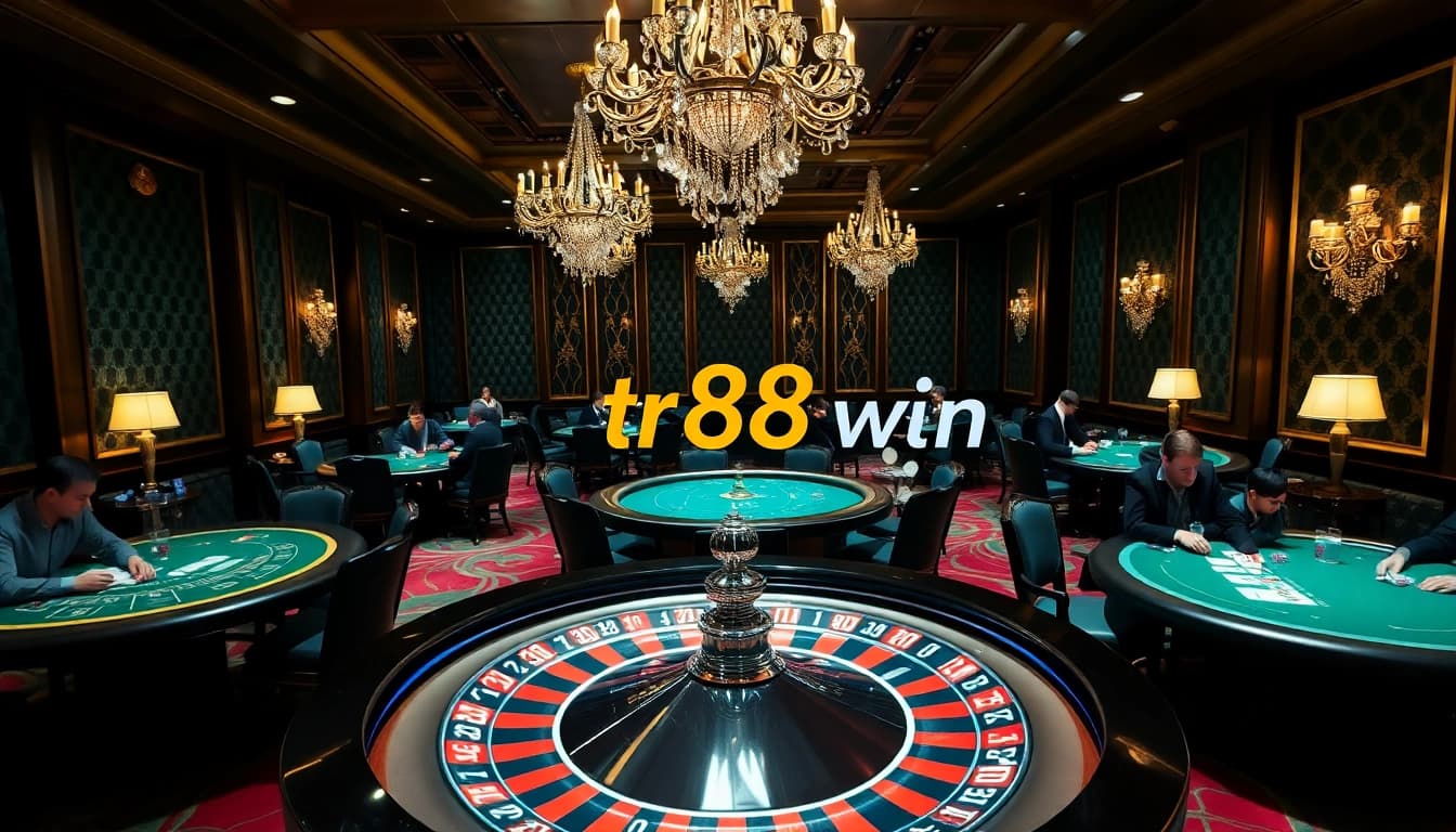 Experience the thrill of winning at tr88 win with an elegant casino setup featuring vibrant gaming tables and roulette.