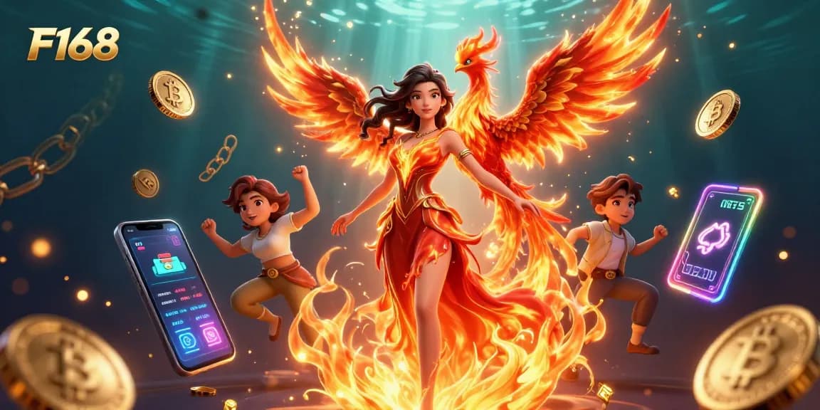 Play slots and win big at F168, featuring vibrant 3D casino elements and stunning visuals.