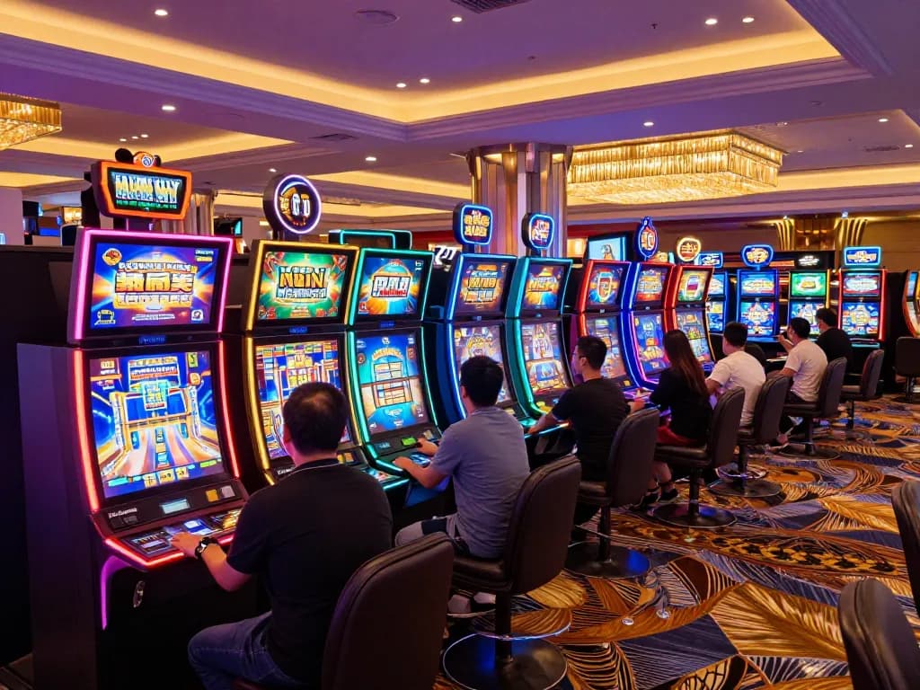Players engaging with exciting slot machines at good88a casino, showcasing vibrant lights and dynamic atmosphere.