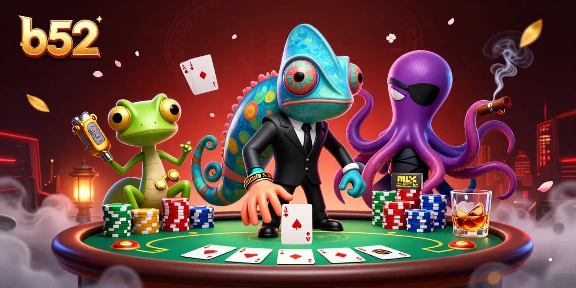 Experience b52 casino adventures with poker tables and colorful chips in a vibrant 3D scene.