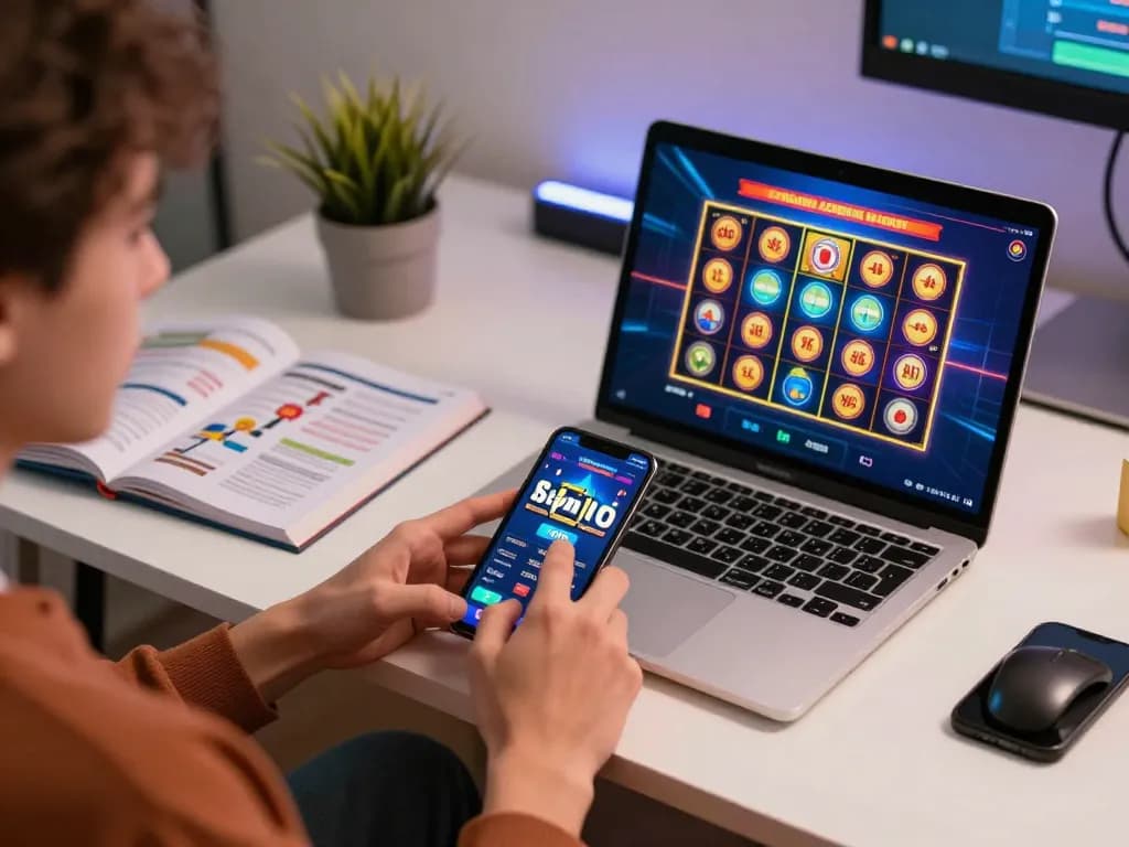 Player interacting with the lc88 casino app, experiencing the thrill of online gaming with vibrant ambiance.