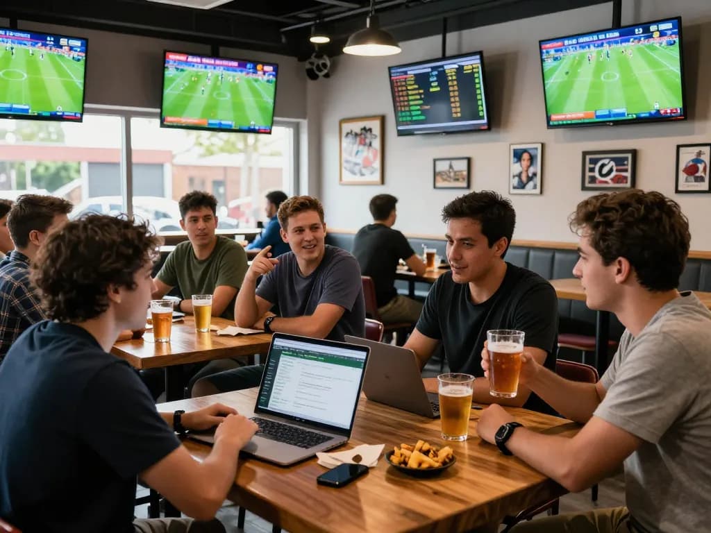 Enthusiastic bettors analyzing tỷ lệ kèo nhà cái 5 in a lively sports bar atmosphere
