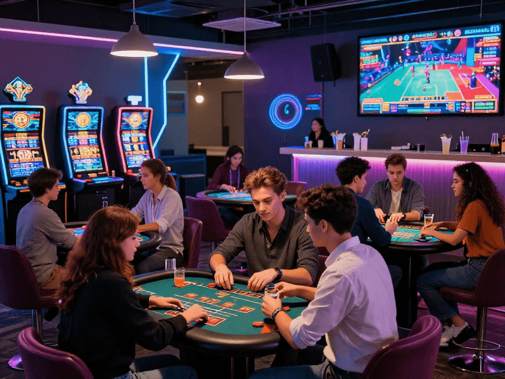 Engaged players at a crypto casino enjoying slot machines and table games in a lively atmosphere.