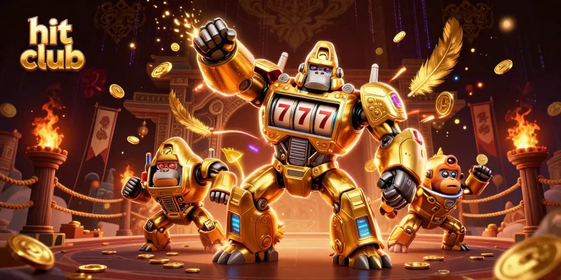 Experience the thrilling hit club action with a dynamic scene featuring golden gorilla mech and vibrant casino elements.