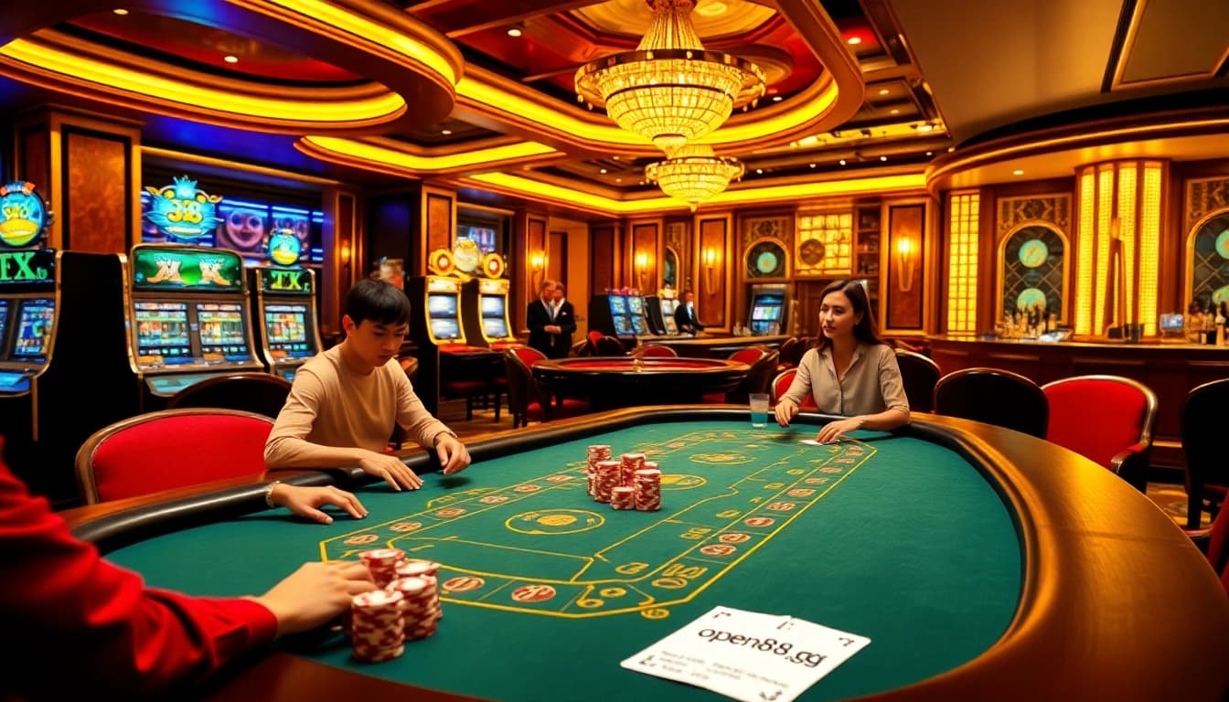 Excited players betting at a luxurious casino table linking to open88.gg in a vibrant gambling scene.