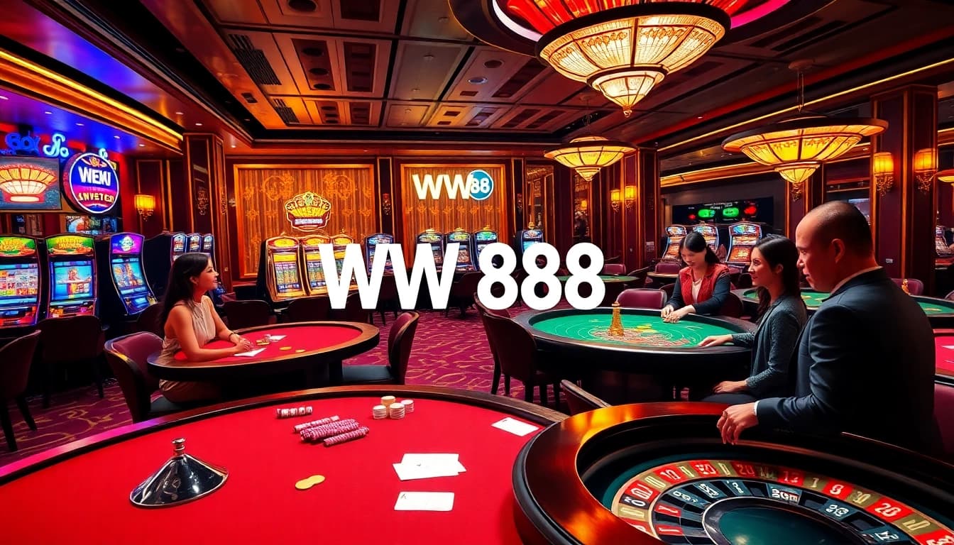 WW 88 players experience excitement at luxurious casino tables with vibrant slot machines.