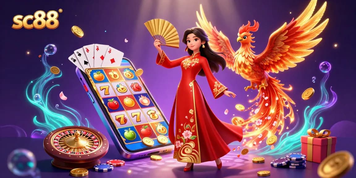 Engage with sc88's vibrant online gaming world featuring a stunning woman and phoenix in a casino setting.