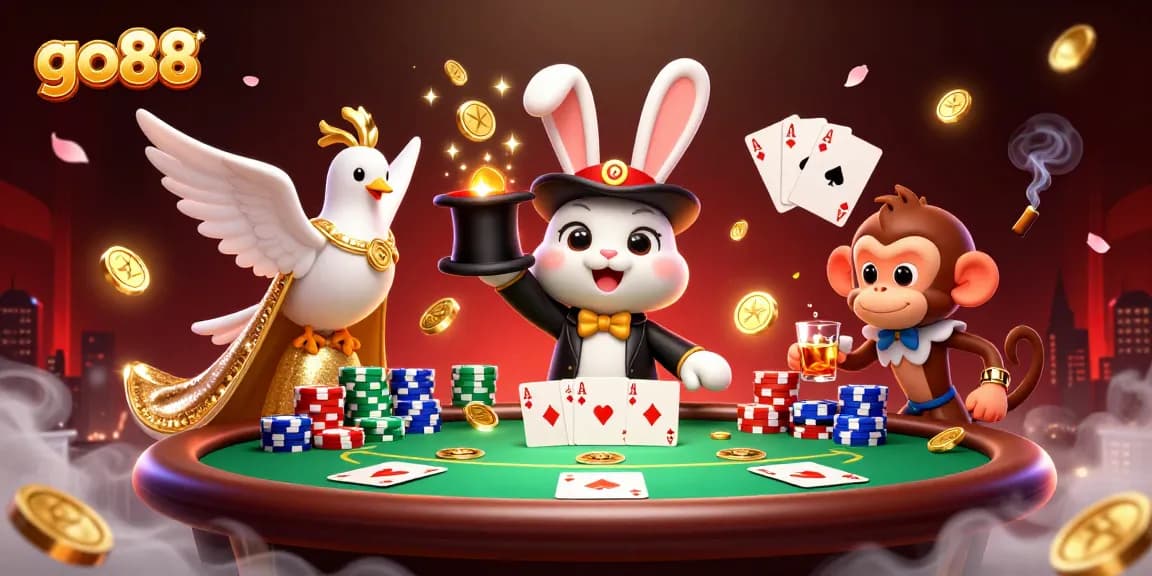 Go88 fun scene with a magician rabbit, poker chips, and winning cards in a vibrant casino setting.