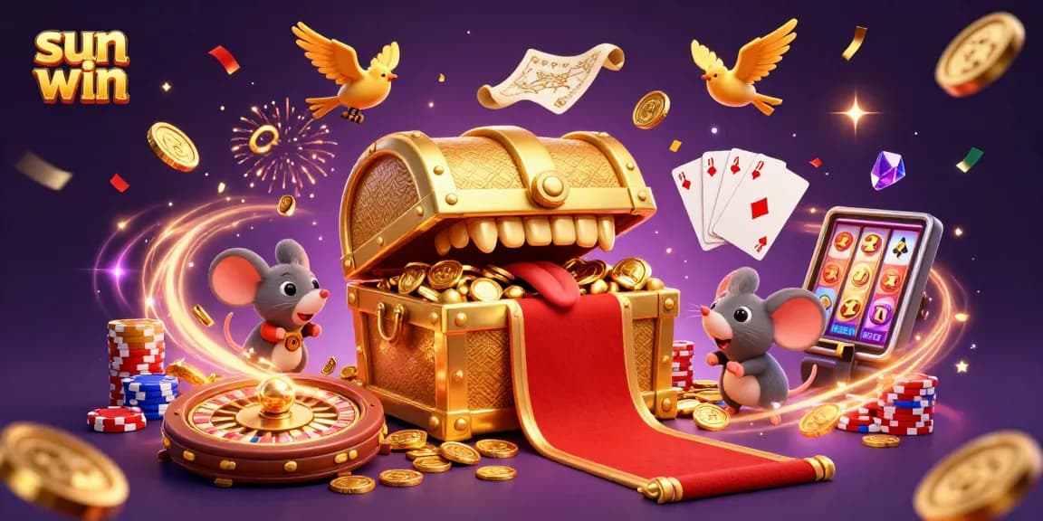 Engage in thrilling gameplay with sun win, surrounded by treasures and animated casino elements.