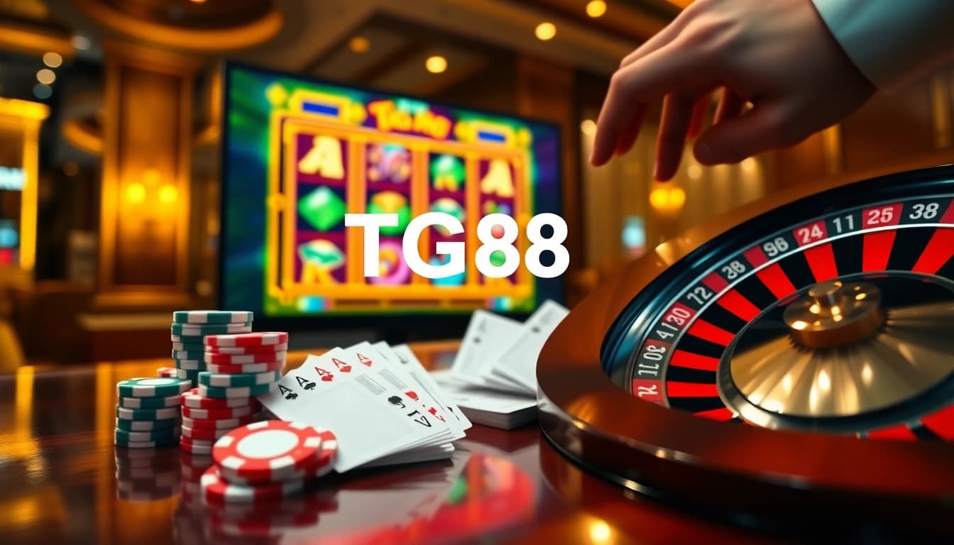 Expert gambler placing strategic bets on TG88’s vibrant slot machine and poker table chips side
